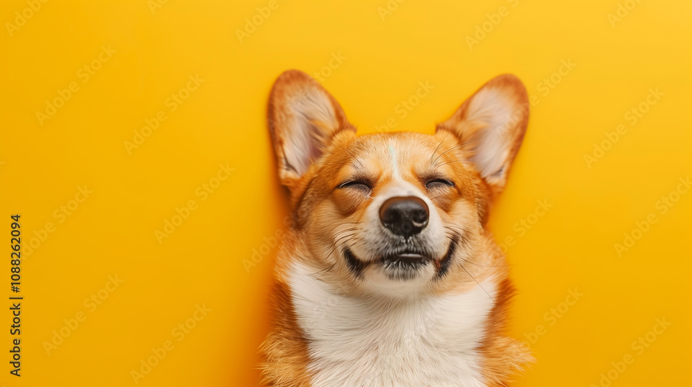 Smiling corgi dog with closed eyes on bright yellow background Smiling corgi dog with closed eyes on bright yellow background