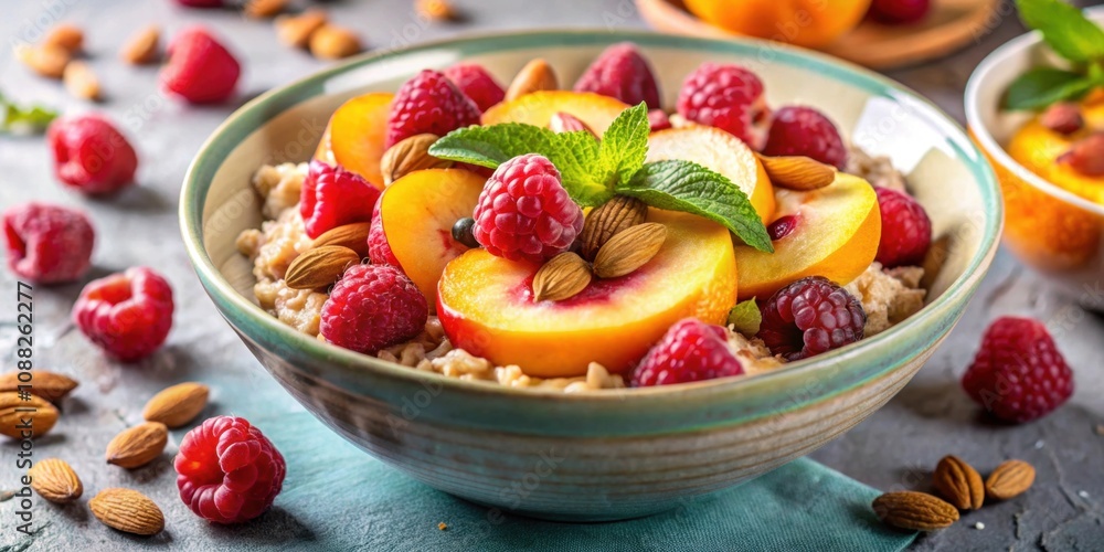 A bowl of summer oatmeal topped with fresh raspberries, peaches, and nuts , healthy, vegetarian, breakfast, recipe, oats A bowl of summer oatmeal topped with fresh raspberries, peaches, and nuts , healthy, vegetarian, breakfast, recipe, oats