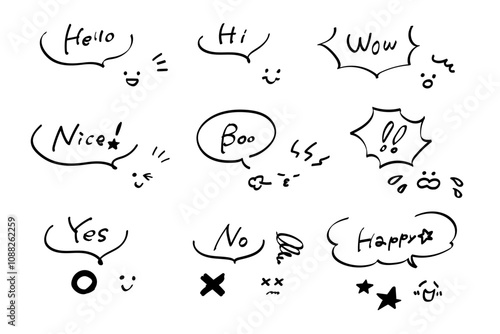 おしゃれな手書き風、落書き風のかわいいふきだしセット