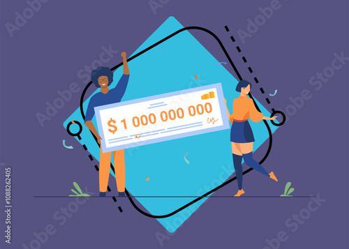 Happy girl and guy winning billion of cash, getting money prize, holding bank check. Flat vector illustration for grant, lottery winner, jackpot concept