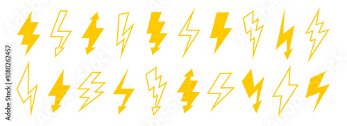 Yellow lightning bolt set. Solid and outline thunder bolt symbol collection. Flash thunderbolt element pack for poster, banner, graphic design, card. Orange strike arrow signs bundle. Vector