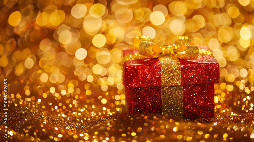 Christmas gift box and trinkets on a background of unfocused golden lights Christmas gift box and trinkets on a background of unfocused golden lights