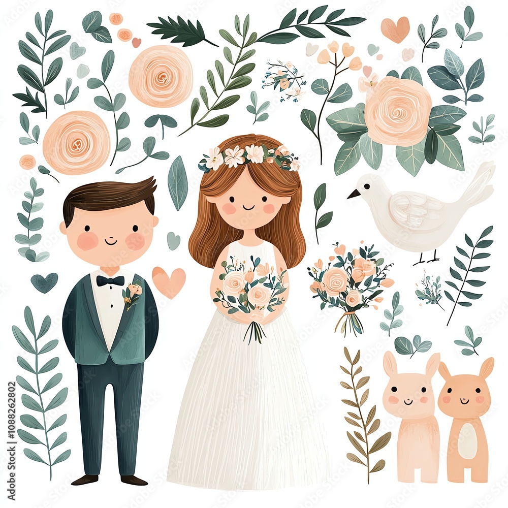 whimsical watercolor cute Cute couple in wedding attire with floral decor. whimsical watercolor cute Cute couple in wedding attire with floral decor.