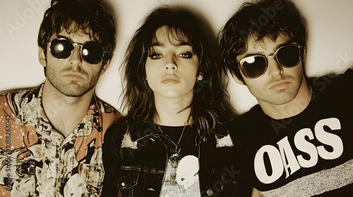 Three Musicians Posing for a Photograph with Serious Expressions, One Wearing Sunglasses and a Floral Shirt