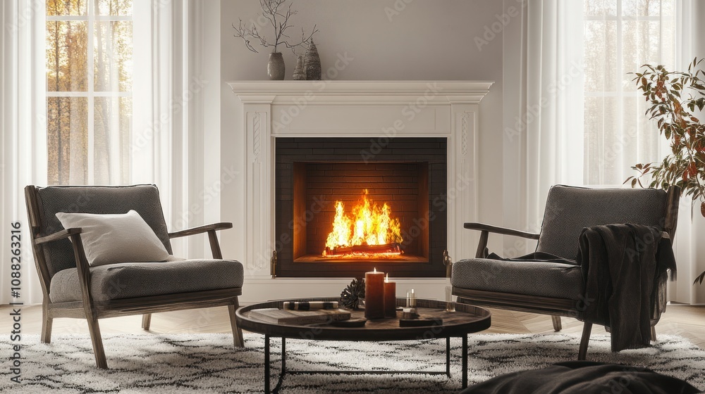 Cozy Fireplace Scene: Winter Warmth in a Luxurious Living Room Cozy Fireplace Scene: Winter Warmth in a Luxurious Living Room