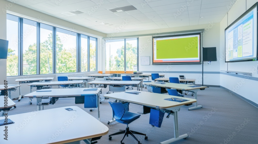 A sophisticated AI-powered smart classroom with interactive digital boards, modern educational setting with integrated interactive displays and student engagement tools, Digital Learning style A sophisticated AI-powered smart classroom with interactive digital boards, modern educational setting with integrated interactive displays and student engagement tools, Digital Learning style