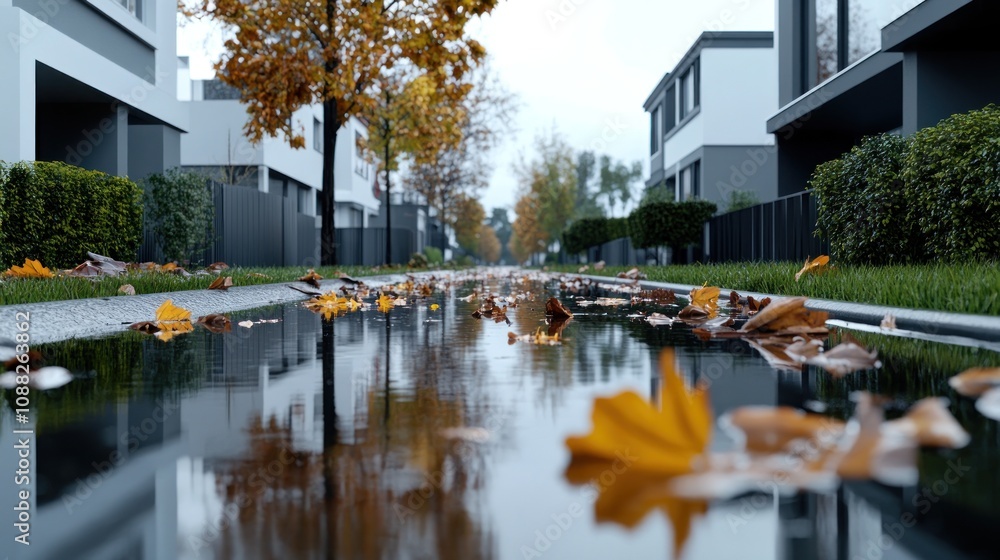 Obraz premium A serene street scene with autumn leaves reflected in water.