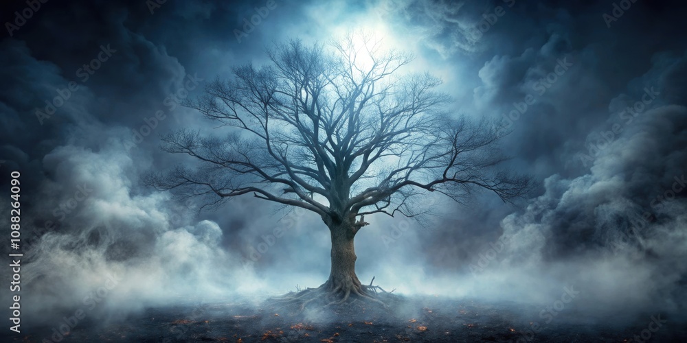 Spooky tree shrouded in smoke amidst dark forest with fog, creating a mysterious and haunted Halloween atmosphere, Spooky, tree, smoke Spooky tree shrouded in smoke amidst dark forest with fog, creating a mysterious and haunted Halloween atmosphere, Spooky, tree, smoke