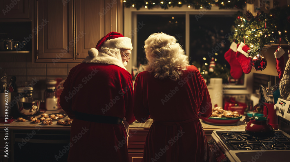 Santa and Mrs. Claus Baking Christmas Cookies in a Warmly Decorated Kitchen. Festive Holiday Scene with Treats, Stockings, and Christmas Lights in a Cozy Atmosphere. Image Made Using Generative AI. Santa and Mrs. Claus Baking Christmas Cookies in a Warmly Decorated Kitchen. Festive Holiday Scene with Treats, Stockings, and Christmas Lights in a Cozy Atmosphere. Image Made Using Generative AI.