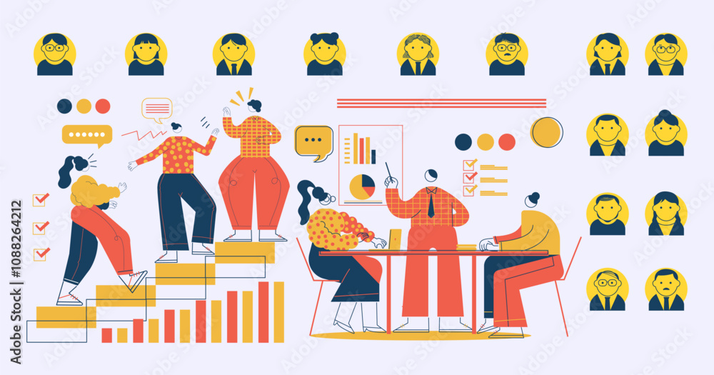 Working business team vector illustration. Goals, objectives, business grow and plan symbol teamwork, cooperation, patnership. Working business team vector illustration. Goals, objectives, business grow and plan symbol teamwork, cooperation, patnership.