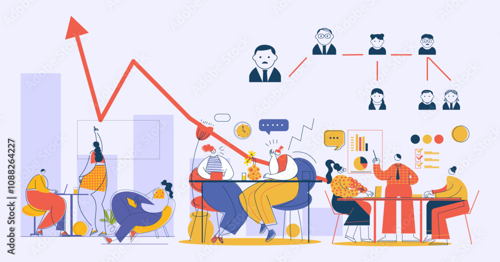 Fototapeta premium Working business team vector illustration. Goals, objectives, business grow and plan symbol teamwork, cooperation, patnership.