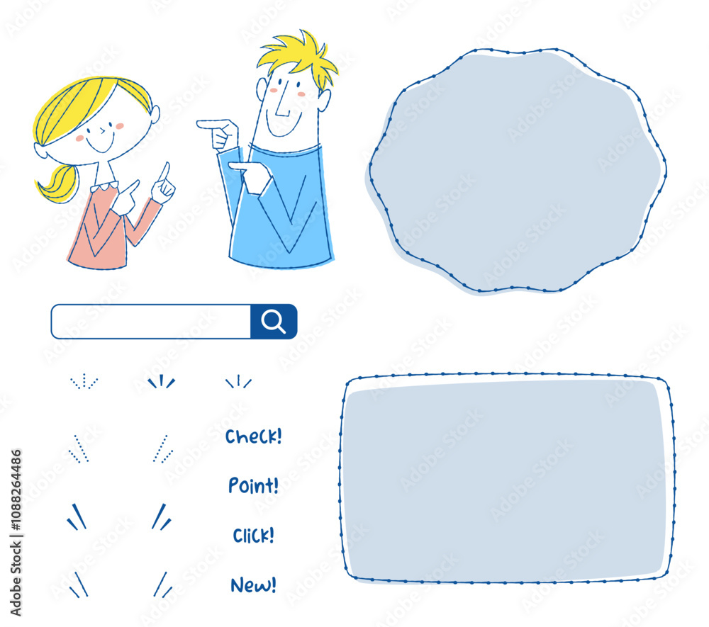 Obraz premium 指さしポーズをする若い男性、女性とフレーム、文字と装飾用素材のセット