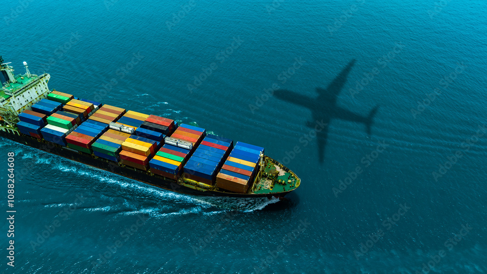 Fototapeta premium Aerial view of the freight shipping transport system cargo ship container. international transportation Export-import business, logistics, transportation industry concepts