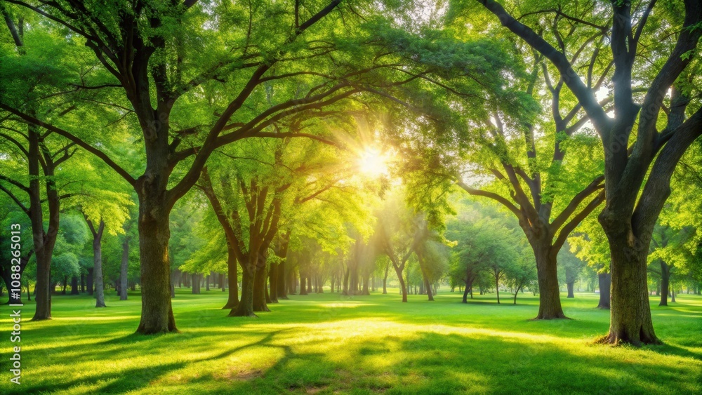 Obraz premium Blurry green park with sunlight shining through trees, nature, green, park, sun, light, abstract, background, trees, shadows