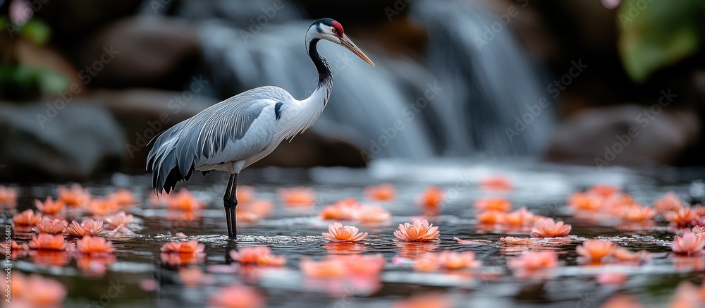 Naklejka premium Crane in a Pond of Flowers