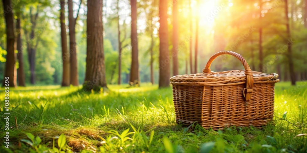 Wicker picnic basket in sun-drenched forest glade surrounded by lush green grass, picnic, basket, wicker, forest, glade, lush Wicker picnic basket in sun-drenched forest glade surrounded by lush green grass, picnic, basket, wicker, forest, glade, lush
