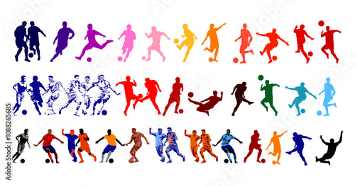 Football, soccer player silhouettes vector illustration element. Sport, ball, game shadow athlete collection.