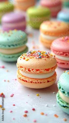 Traditional European Christmas desserts feature a delightful array of colorful macarons, each filled with luscious cream and adorned with festive sprinkles, perfect for holiday celebrations.