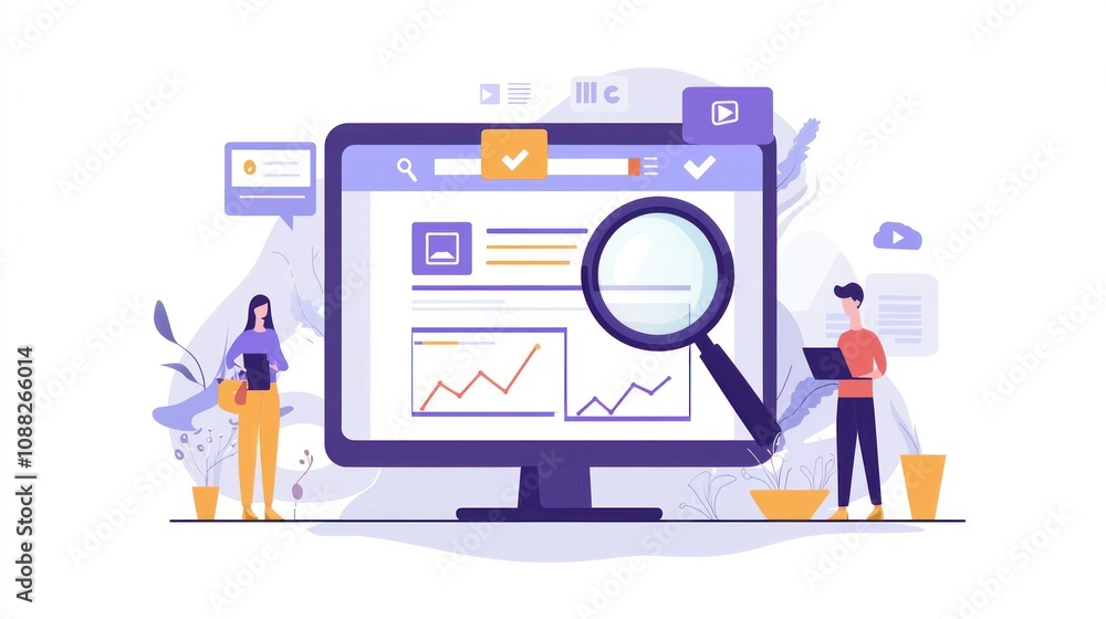 Modern Flat Vector SEO Elements with Keywords Ranking and Search Magnifier on White Background Modern Flat Vector SEO Elements with Keywords Ranking and Search Magnifier on White Background