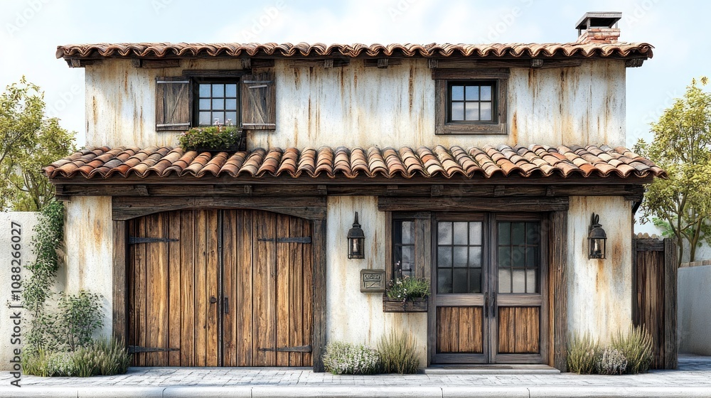 Rustic house with wooden features and a tiled roof. Rustic house with wooden features and a tiled roof.