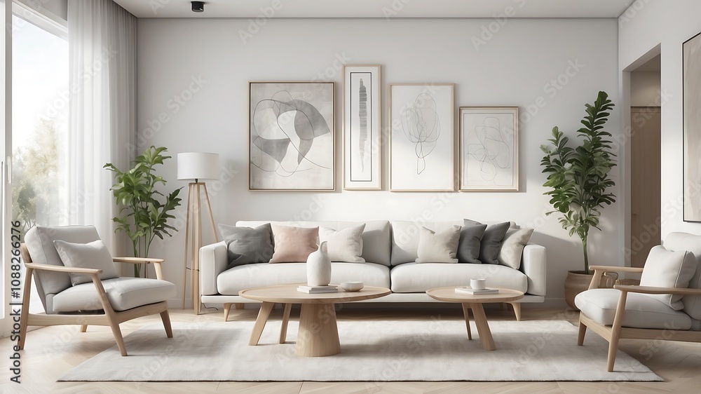 Fototapeta premium Gray sofa, coffee table and vase with blossoming branches in light living room