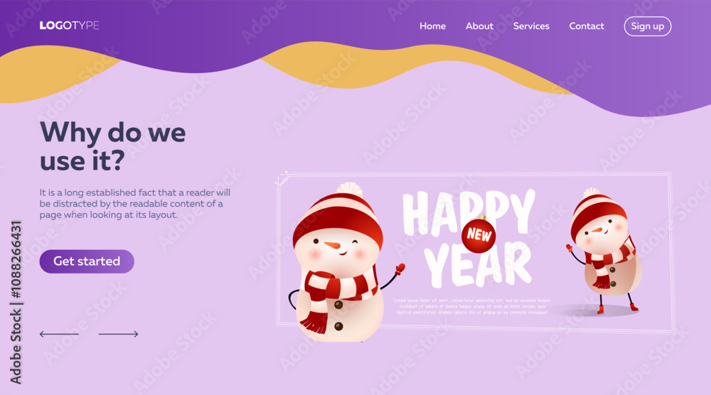 Happy New Year landing page with two snowmen. New Year Day lettering. Handwritten text, calligraphy. For online invitations, posters or banners. Happy New Year landing page with two snowmen. New Year Day lettering. Handwritten text, calligraphy. For online invitations, posters or banners.