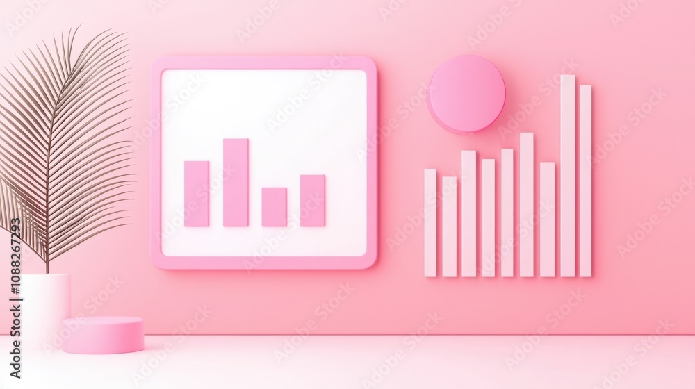 SEO optimization and algorithm concept. A modern, minimalist design featuring pink graphs and a decorative plant, creating a vibrant and trendy workspace aesthetic. SEO optimization and algorithm concept. A modern, minimalist design featuring pink graphs and a decorative plant, creating a vibrant and trendy workspace aesthetic.