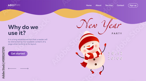 New Year party landing page design. Inscription with cartoon character of snowman on purple background. Can be used for parties, invitations, posters photo