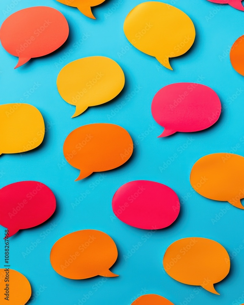 Colorful speech bubbles in various hues scattered over a bright blue background, symbolizing communication and dialogue. Colorful speech bubbles in various hues scattered over a bright blue background, symbolizing communication and dialogue.