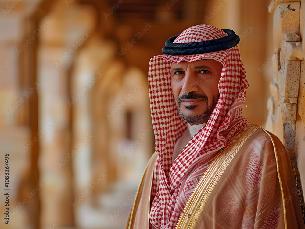 Portrait of a Man in Traditional Arabian Dress, Standing Serene Near Ancient Architecture, Exuding Cultural Richness. Portrait of a Man in Traditional Arabian Dress, Standing Serene Near Ancient Architecture, Exuding Cultural Richness.