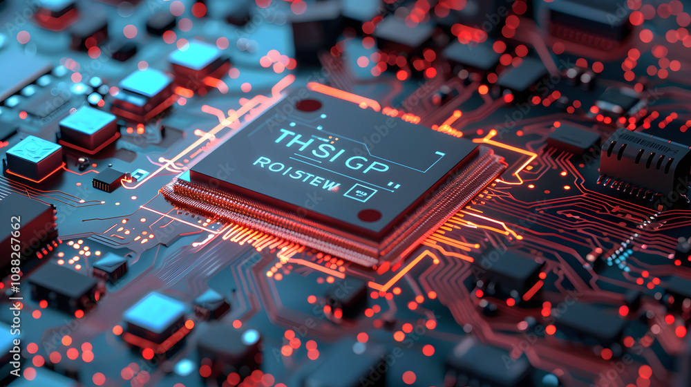 3D render AI artificial intelligence technology CPU central processor unit chipset on the printed circuit board for electronic and technology concept select focus shallow depth 3D render AI artificial intelligence technology CPU central processor unit chipset on the printed circuit board for electronic and technology concept select focus shallow depth