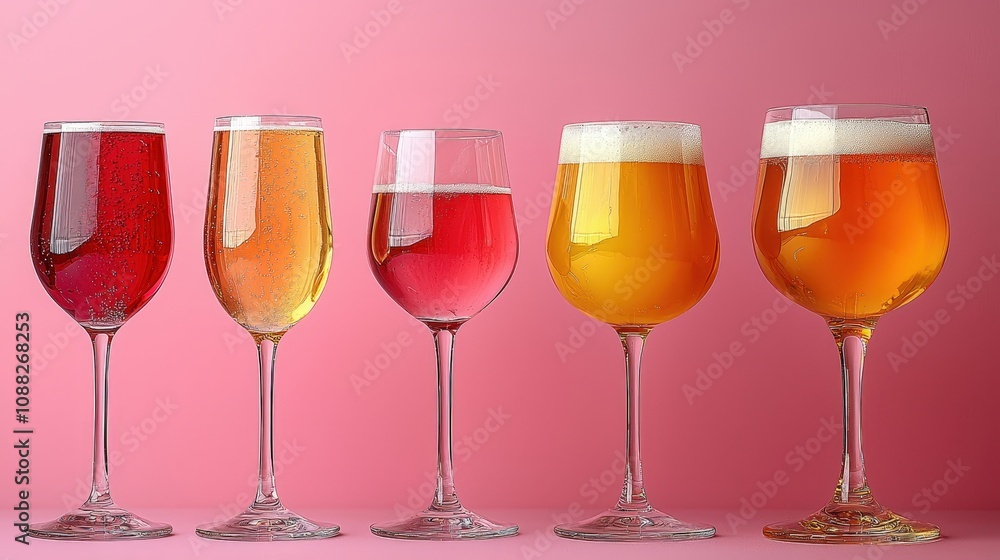 A vibrant still life featuring a red wine glass, pink champagne flute, and other assorted drinks against a pastel pink background A vibrant still life featuring a red wine glass, pink champagne flute, and other assorted drinks against a pastel pink background
