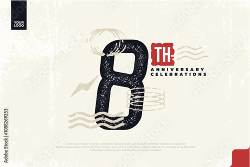 8th anniversary with grunge texture and abstract geometric shapes