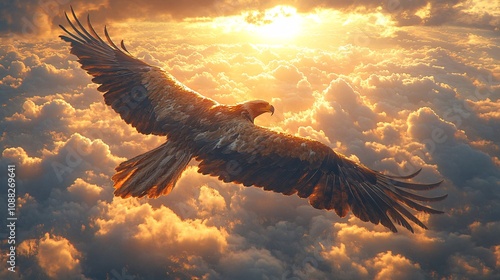 A majestic eagle soaring high above the clouds, its wings spread wide as it captures and carries away food in its beak, 