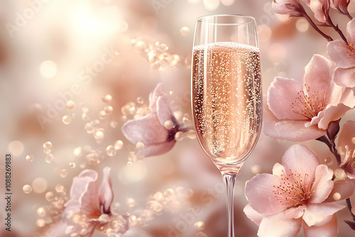 Rosé champagne in a flute glass, surrounded by delicate pink blossoms and sparkling lights.