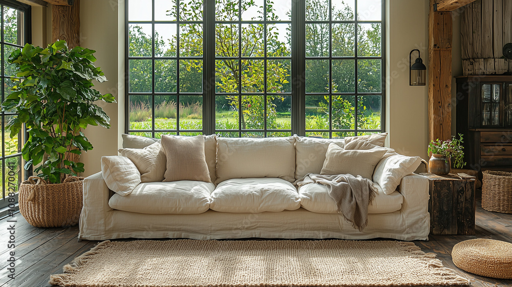 Cozy Living Room with Large Windows: A serene and inviting living room, showcasing a plush white sofa with soft cushions and a cozy throw. Cozy Living Room with Large Windows: A serene and inviting living room, showcasing a plush white sofa with soft cushions and a cozy throw.