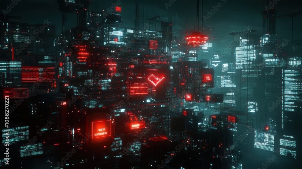 3D render. Futuristic digital cityscape with interconnected network nodes, showcasing advanced 5G technology for global connectivity and smart city infrastructure. 3D render. Futuristic digital cityscape with interconnected network nodes, showcasing advanced 5G technology for global connectivity and smart city infrastructure.