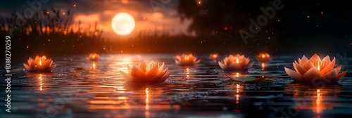 Tranquil Loy Krathong Festival Night with Floating Krathongs and Full Moon on Serene Water  Peaceful and spiritual Thai tradition with beautiful reflections and ample copy space for text