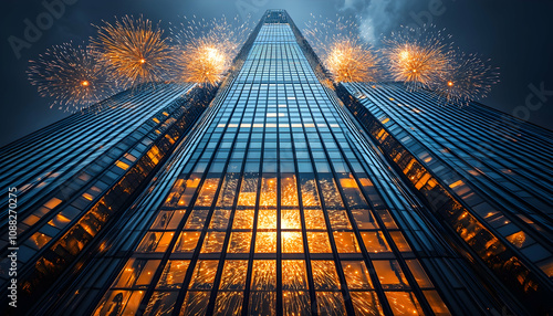 Wallpaper Mural Skyscraper at night with fireworks reflecting in windows. Torontodigital.ca