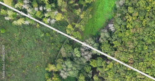 Top down Aerial drone video of The Geierlay Suspension Bridge, pedestrians bridge, spans the Morsdorfer Bachtal. photo