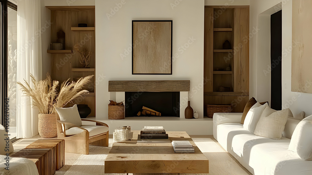 Modern living room featuring a cozy white sofa, a rustic wooden coffee table, and a fireplace with a contemporary artwork above, designed with a warm and inviting aesthetic. Modern living room featuring a cozy white sofa, a rustic wooden coffee table, and a fireplace with a contemporary artwork above, designed with a warm and inviting aesthetic.