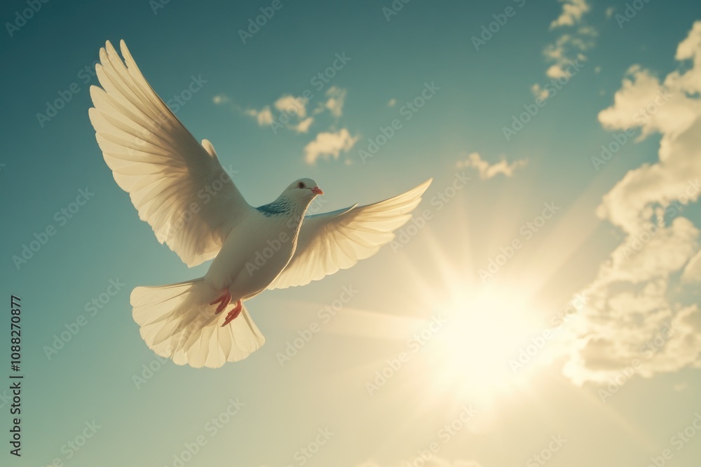 White Bird Flying in Sky with Sun White Bird Flying in Sky with Sun