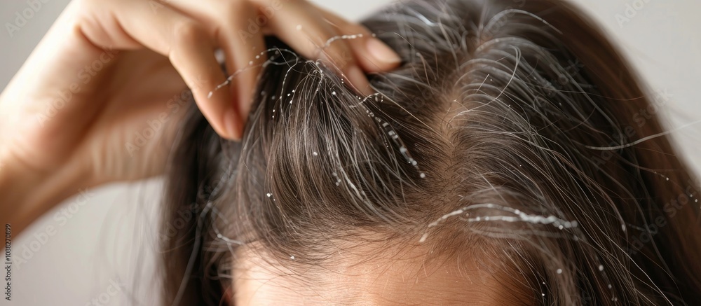 Naklejka premium Woman Examines Hair for Gray Strands and Dandruff