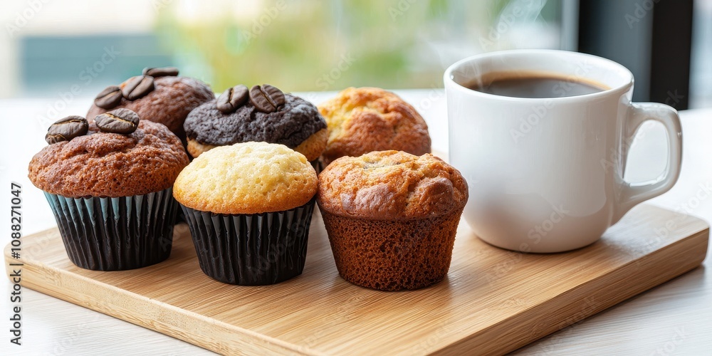coffee and bakery , brew , aroma Delicious muffins with coffee on a wooden board coffee and bakery , brew , aroma Delicious muffins with coffee on a wooden board