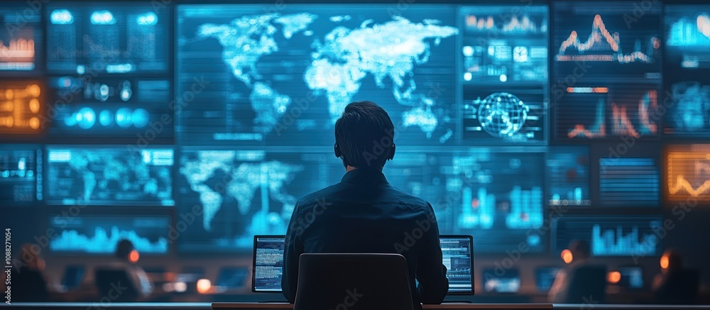 A person sits in front of a wall of monitors displaying data and a world map. A person sits in front of a wall of monitors displaying data and a world map.
