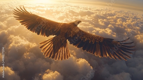A majestic eagle soaring high above the clouds, its wings spread wide as it captures and carries away food in its beak, 