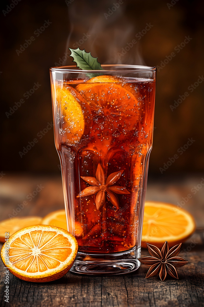 Steaming spiced orange drink in tall glass. Steaming spiced orange drink in tall glass.