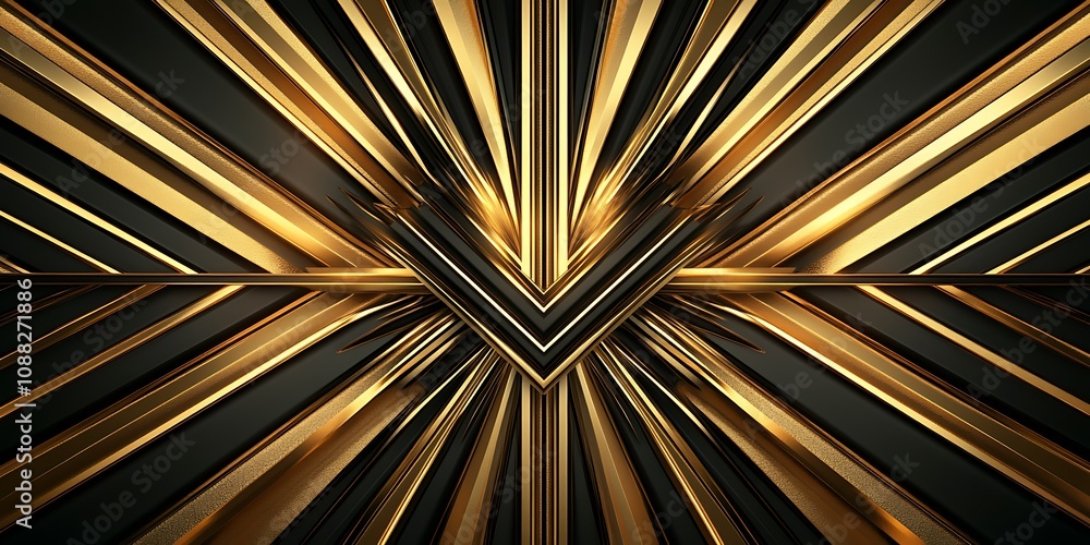 Obraz premium Abstract gold and black radiating lines forming a central V-shape.