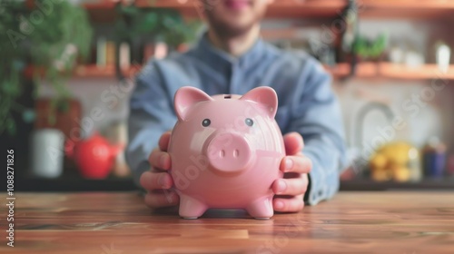 Wallpaper Mural Panoramic image, Man hand holding piggy bank on wood table. Save money and financial investment Torontodigital.ca