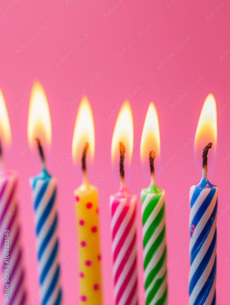 Colored thin burning birthday candles. Pink background. Holiday candles for cake. Happy birthday card, copyspace for your text. Colored thin burning birthday candles. Pink background. Holiday candles for cake. Happy birthday card, copyspace for your text.